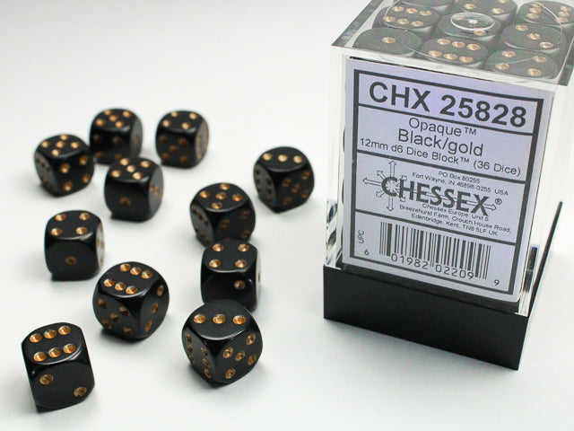 Chessex Opaque Black/Gold 12mm D6 Dice Block (36 dice)