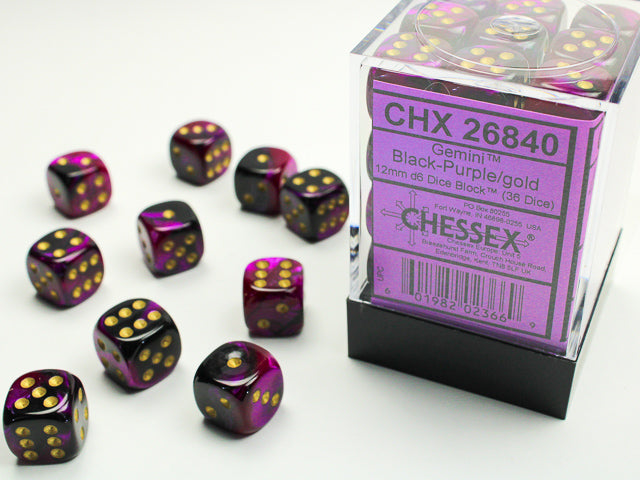 Chessex Gemini Black Purple/Gold 12mm D6 Dice Block (36 dice)