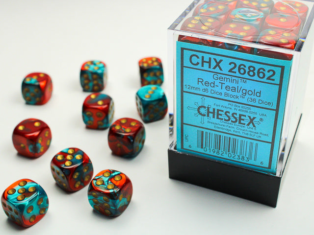 Chessex Gemini Red Teal/Gold 12mm D6 Dice Block (36 dice)