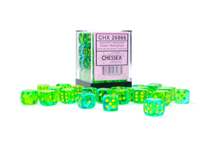 Chessex Gemini Translucent Green Teal/Yellow 12mm D6 Dice Block (36 dice)