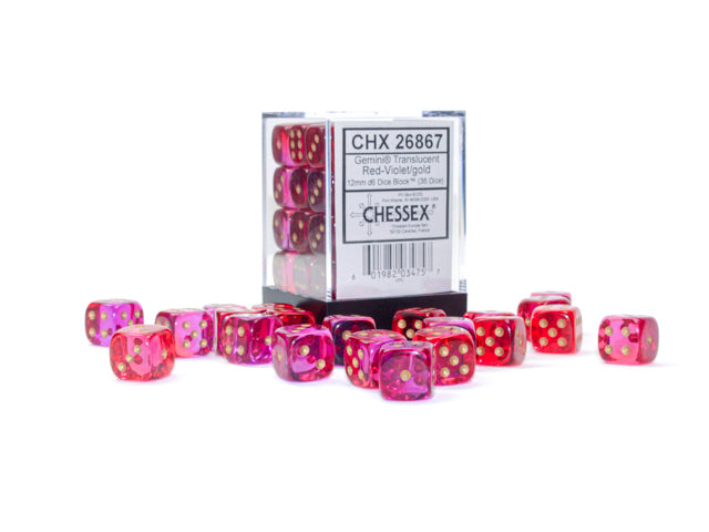 Chessex Gemini Translucent Red Violet/Gold 12mm D6 Dice Block (36 dice)