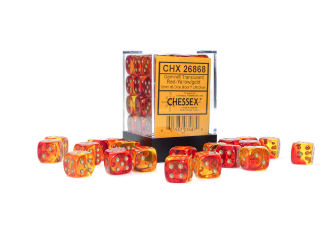 Chessex Gemini Translucent Red Yellow/Gold 12mm D6 Dice Block (36 dice)
