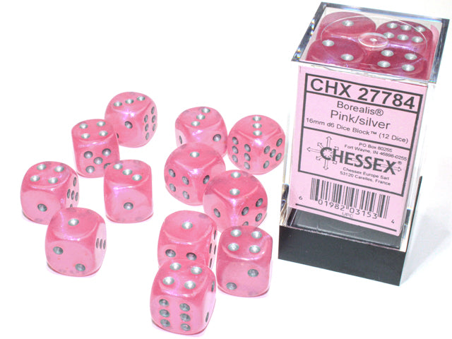 Chessex Borealis Pink/Silver Luminary 16mm D6 Dice Block (12 dice)