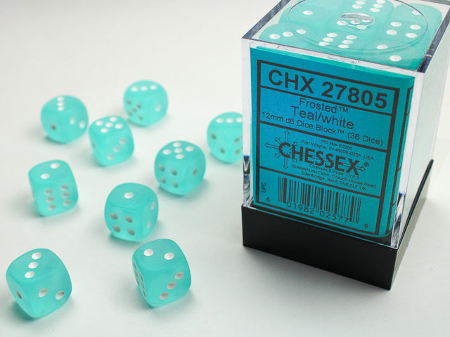 Chessex Frosted Teal/White 12mm D6 Dice Block (36 dice)