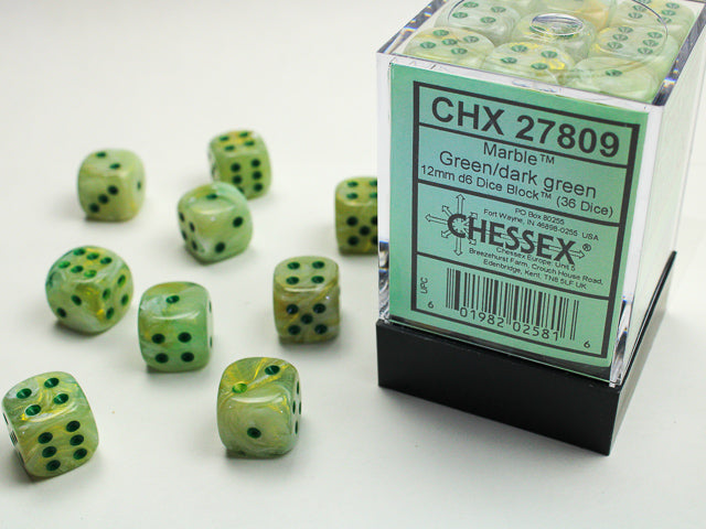 Chessex Marble Green/Dark Green 12mm D6 Dice Block (36 dice)