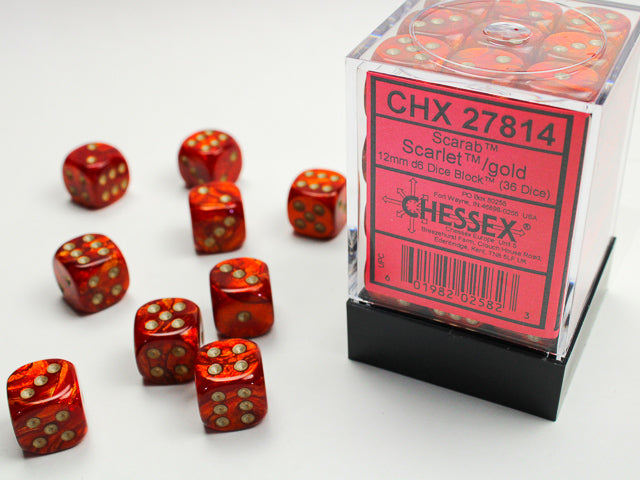 Chessex Scarab Scarlet/Gold 12mm D6 Dice Block (36 dice)