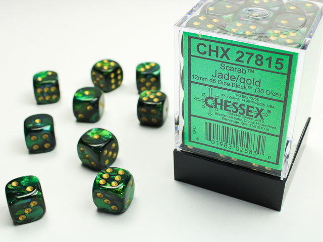 Chessex Scarab Jade/Gold 12mm D6 Dice Block (36 dice)