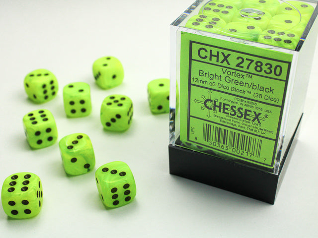 Chessex Vortex Bright Green/Black 12mm D6 Dice Block (36 dice)