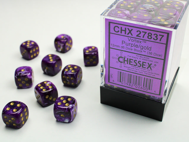 Chessex Vortex Purple/Gold 12mm D6 Dice Block (36 dice)