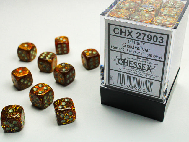 Chessex Glitter Gold/Silver 12mm D6 Dice Block (36 dice)