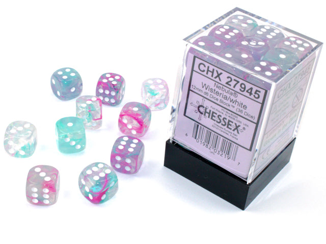 Chessex Nebula Wisteria/White 12mm D6 Luminary Dice Block (36 dice)