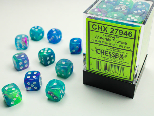 Chessex Festive Waterlily/White 12mm D6 Dice Block (36 dice)