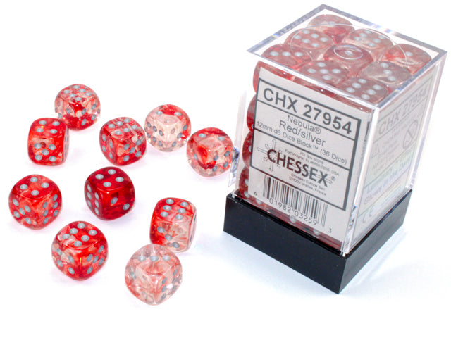 Chessex Nebula Red/Silver 12mm D6 Luminary Dice Block (36 dice)