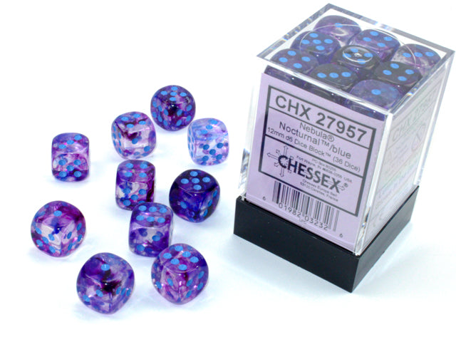 Chessex Nebula Nocturnal/Blue 12mm D6 Luminary Dice Block (36 dice)