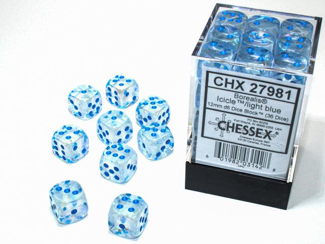Chessex Borealis Icicle/Light Blue 12mm D6 Luminary Dice Block (36 dice)