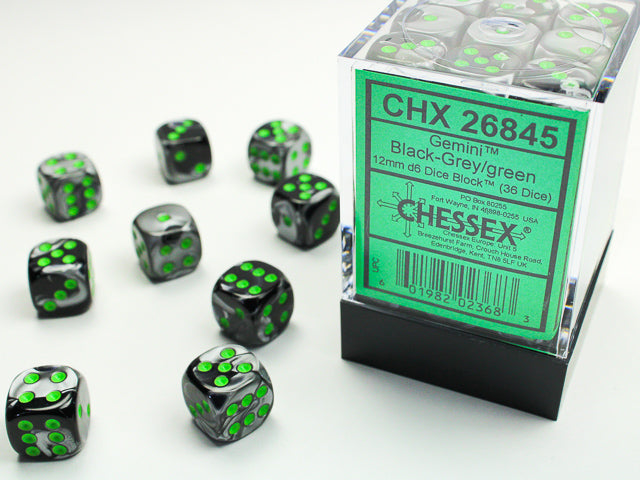 Chessex Gemini Black Grey/Green 12mm D6 Dice Block (36 dice)