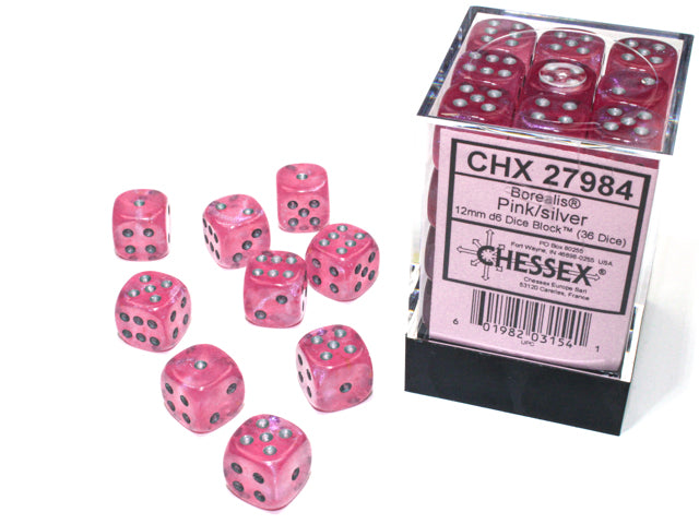 Chessex Borealis Pink/Silver 12mm D6 Luminary Dice Block (36 dice)