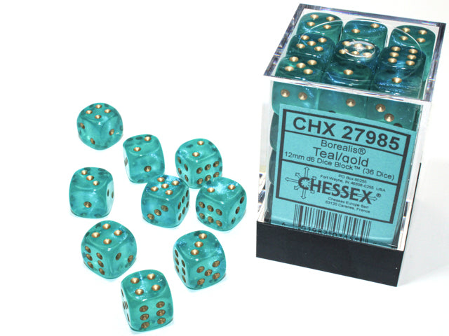 Chessex Borealis Teal/Gold 12mm D6 Luminary Dice Block (36 dice)