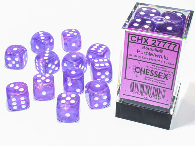 Chessex Borealis Purple/White 12mm D6 Luminary Dice Block (36 dice)