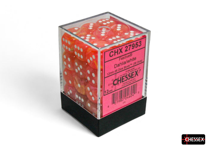 Chessex Festive Dahlia/White 12mm D6 Dice Block (36 dice)