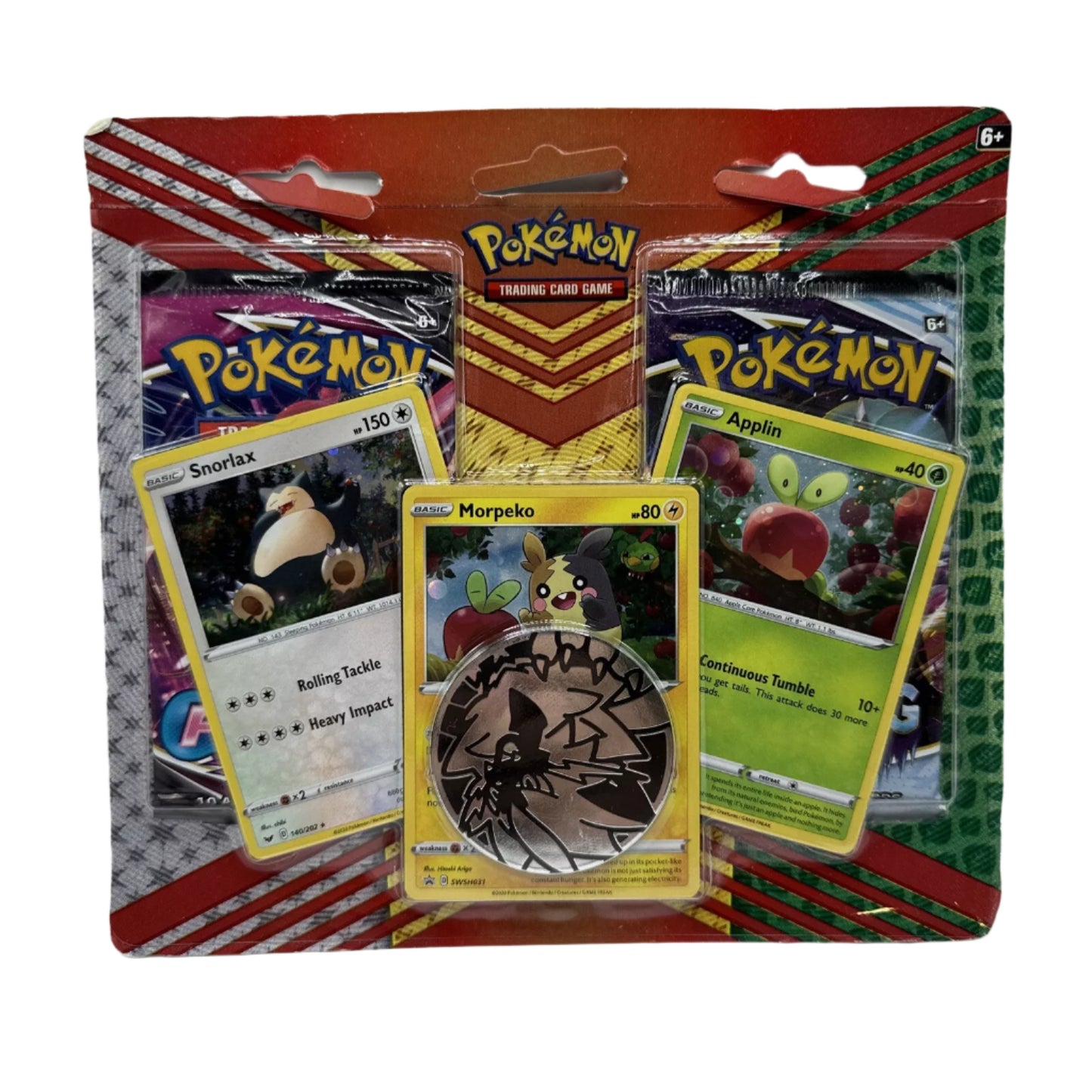 Pokemon - Snorlax Morpeko and Applin Cards with 2 Booster Packs & Coin - Fusion Strike/Chilling Reign