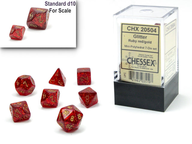 Chessex Mini Hedral 7 Die Set Glitter Ruby Red/Gold