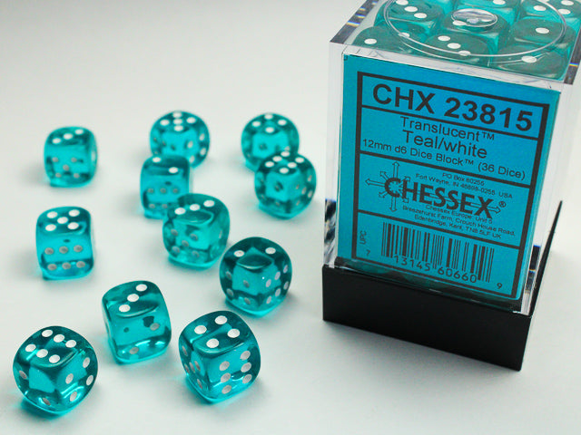 Chessex Translucent Teal/White 12mm D6 Dice Block (36 dice)