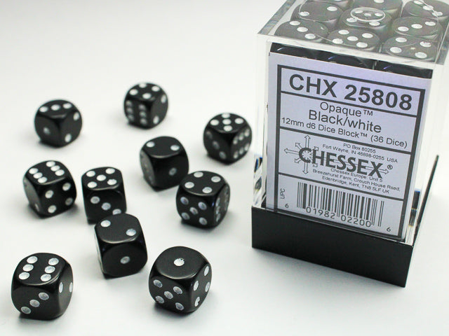 Chessex Opaque Black/White 12mm D6 Dice Block (36 dice)