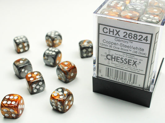 Chessex Gemini Black Copper Steel/White 12mm D6 Dice Block (36 dice)