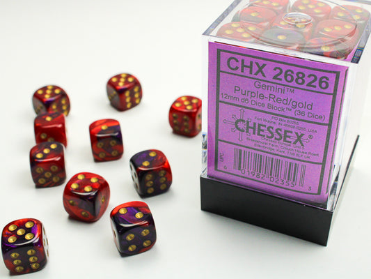 Chessex Gemini Purple Red/Gold 12mm D6 Dice Block (36 dice)