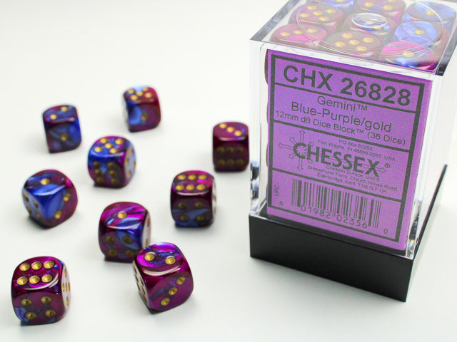 Chessex Gemini Blue Purple/Gold 12mm D6 Dice Block (36 dice)
