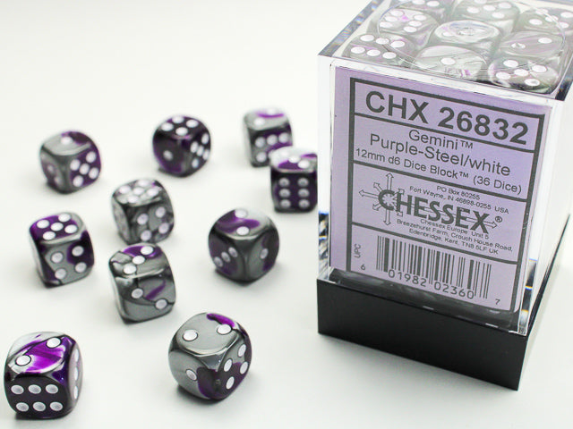 Chessex Gemini Purple Steel/White 12mm D6 Dice Block (36 dice)