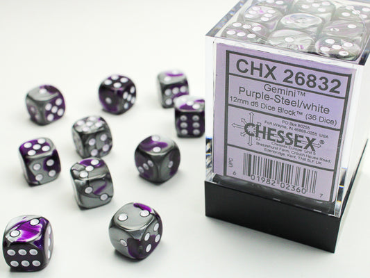 Chessex Gemini Purple Steel/White 12mm D6 Dice Block (36 dice)