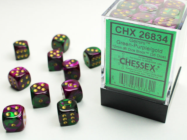 Chessex Gemini Green Purple/Gold 12mm D6 Dice Block (36 dice)
