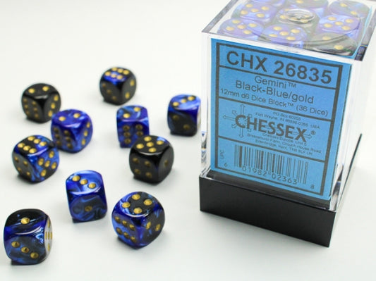 Chessex Gemini Black Blue/Gold 12mm D6 Dice Block (36 dice)