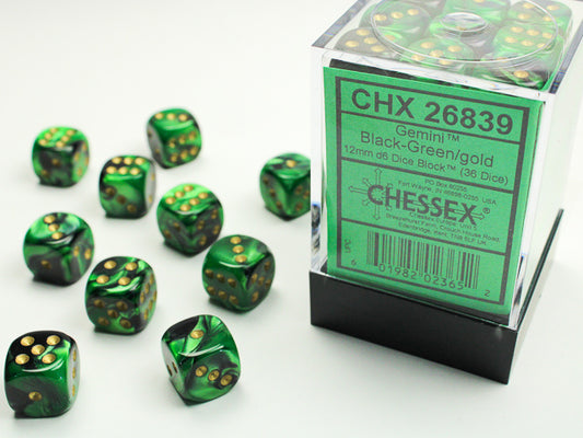Chessex Gemini Black Green/Gold 12mm D6 Dice Block (36 dice)