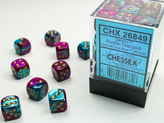Chessex Gemini Purple Teal/Gold 12mm D6 Dice Block (36 dice)