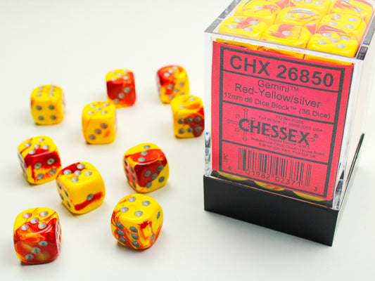 Chessex Gemini Red Yellow/Silver 12mm D6 Dice Block (36 dice)