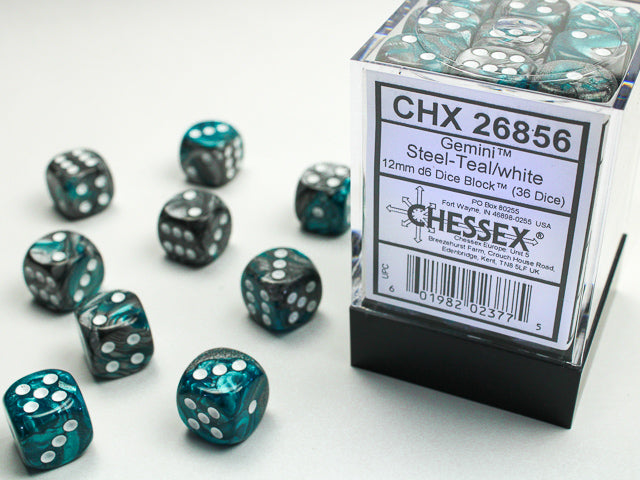 Chessex Gemini Steel Teal/White 12mm D6 Dice Block (36 dice)