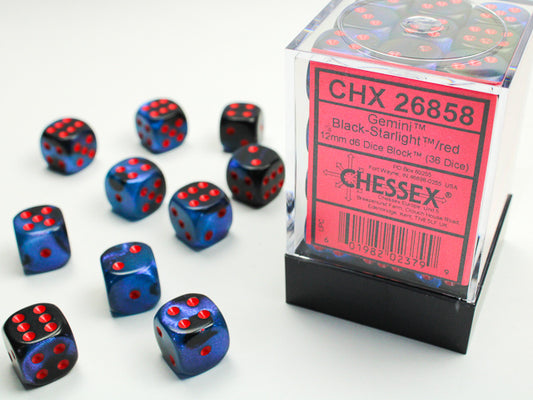 Chessex Gemini Black Starlight/Red 12mm D6 Dice Block (36 dice)