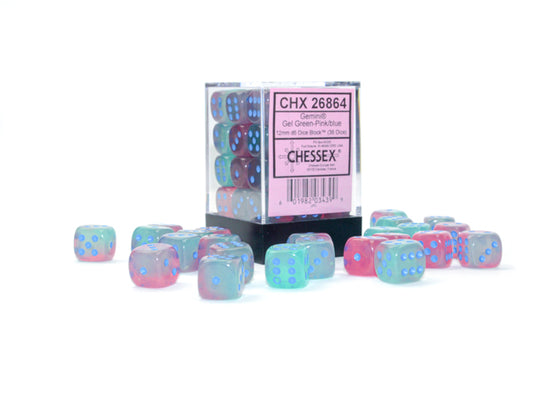 Chessex Gemini  Gel Green Pink/Blue 12mm D6 Dice Block (36 dice)