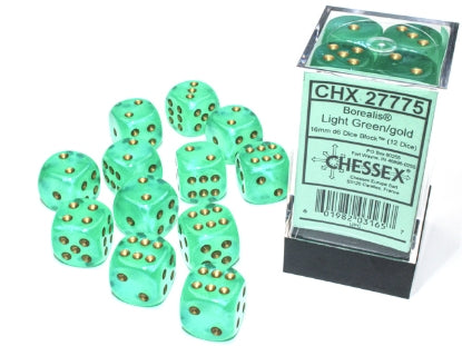 Chessex Borealis Light Green/Gold Luminary 16mm D6 Dice Block (12 dice)