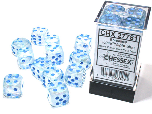 Chessex Borealis Icicle/Light Blue Luminary 16mm D6 Dice Block (12 dice)
