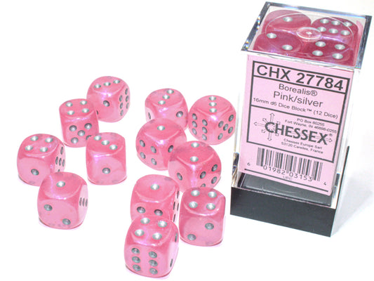 Chessex Borealis Pink/Silver Luminary 16mm D6 Dice Block (12 dice)