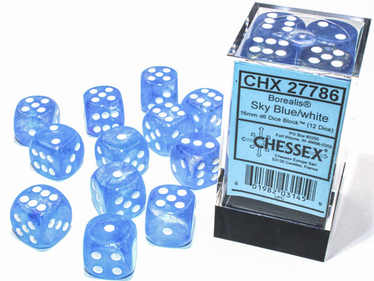 Chessex Borealis Sky Blue/White Luminary 16mm D6 Dice Block (12 dice)