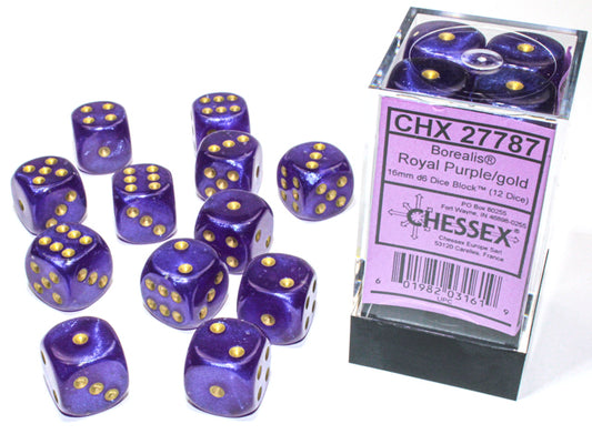 Chessex Borealis Royal Purple/Gold Luminary 16mm D6 Dice Block (12 dice)