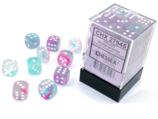 Chessex Nebula Wisteria/White 12mm D6 Luminary Dice Block (36 dice)
