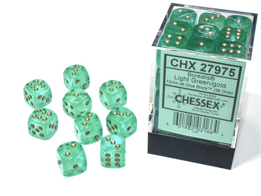 Chessex Borealis Light Green/Gold 12mm D6 Luminary Dice Block (36 dice)