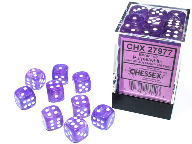 Chessex Borealis Purple/White Luminary 12mm D6 Dice Block (36 dice)