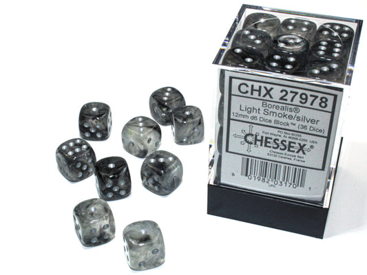 Chessex Borealis Light Smoke/Silver 12mm D6 Luminary Dice Block (36 dice)